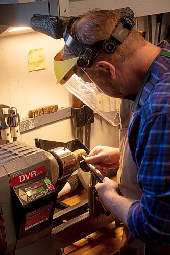 MIKE SUDOMA / WINNIPEG FREE PRESS
Erebus and Terror Shaving Co owner, John Kydd, crafts a wooden shaving brush on his lathe inside his home workshop Sunday morning
March 14, 2021