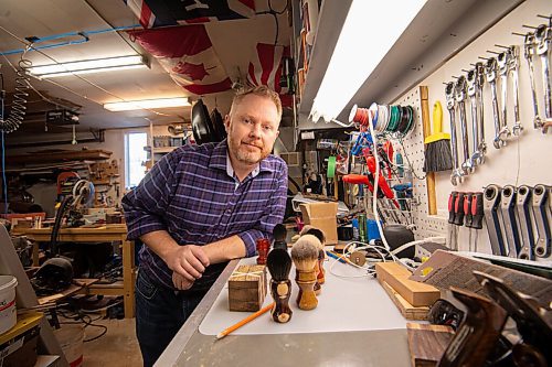 MIKE SUDOMA / WINNIPEG FREE PRESS
John Kydd, owner of Erebus and Terror Shaving Co., shows off three samples of his handmade shaving brushes inside his home workshop Sunday morning 
March 14, 2021