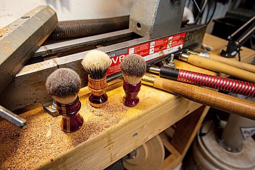 MIKE SUDOMA / WINNIPEG FREE PRESS
Three samples of Erebus and Terror Shaving Cos shaving brushes, hand crafted by owner, John Kydd inside his home workshop Sunday morning 
March 14, 2021