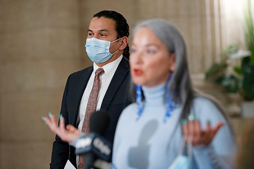 JOHN WOODS / WINNIPEG FREE PRESS
Manitoba NDP MLA Nahanni Fontaine and Wab Kinew, leader of the Manitoba NDP, speak at a press conference about government bills, including education and property bills, at the Manitoba Legislature in Winnipeg Monday, March 15, 2021.

Reporter: ?