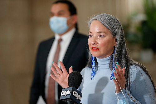 JOHN WOODS / WINNIPEG FREE PRESS
Manitoba NDP MLA Nahanni Fontaine and Wab Kinew, leader of the Manitoba NDP, speak at a press conference about government bills, including education and property bills, at the Manitoba Legislature in Winnipeg Monday, March 15, 2021.

Reporter: ?