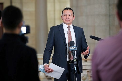 JOHN WOODS / WINNIPEG FREE PRESS
Wab Kinew, leader of the Manitoba NDP, speaks at a press conference about government bills, including education and property bills, at the Manitoba Legislature in Winnipeg Monday, March 15, 2021.

Reporter: ?