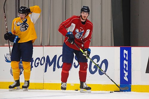 MIKE DEAL / WINNIPEG FREE PRESS
Manitoba Moose Dylan Samberg (44) during practice at MTS IcePlex Tuesday afternoon.
210316 - Tuesday, March 16, 2021.