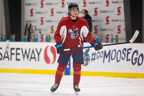 MIKE DEAL / WINNIPEG FREE PRESS
Manitoba Moose Ville Heinola (34) during practice at MTS IcePlex Tuesday afternoon.
210316 - Tuesday, March 16, 2021.