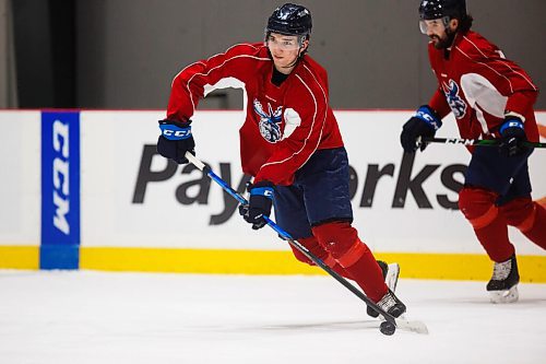 MIKE DEAL / WINNIPEG FREE PRESS
Manitoba Moose Ville Heinola (34) during practice at MTS IcePlex Tuesday afternoon.
210316 - Tuesday, March 16, 2021.