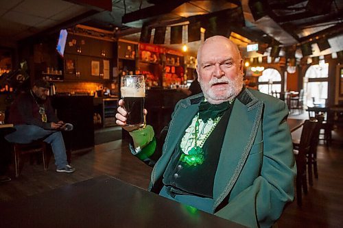 MIKE DEAL / WINNIPEG FREE PRESS
Carl Martz hoists a Guiness on St. Patrick's Day at the King's Head Pub (120 King Street) Wednesday morning.
Carl Martz has been celebrating St. Patrick's day at the King's Head almost since the pub opened in 1986. There were only a couple times he didn't make it, once he decided to spend a couple weeks in Ireland so he could celebrate St. Patrick's day in Dublin and the other time was last year when the pandemic closed kept the pub closed. 
210317 - Wednesday, March 17, 2021.