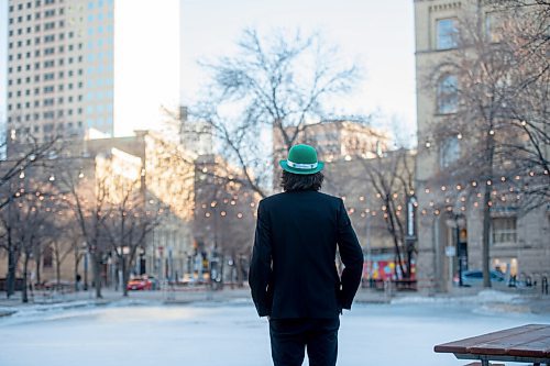 MIKE SUDOMA / WINNIPEG FREE PRESS 
A man (name with held) wearing a St Patricks day hat, complete with shamrocks hangs out at the cube Wednesday evening after celebrating St Patricks day with his father at the Kings Head Pub.
March 17, 2021