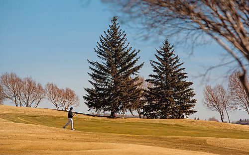 MIKE DEAL / WINNIPEG FREE PRESS
An eager golfer strides to his ball on the third green at Southside Golf Course (2226 Southside Road, Grande Pointe) on a blustery Thursday.
210318 - Thursday, March 18, 2021.