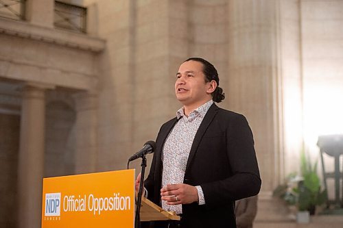 MIKE SUDOMA / WINNIPEG FREE PRESS 
NDP Leader, Was Kinew, talks with media about the NDPs effort to delay the Conservative Partys Bill 16 during a press conference at the Manitoba Legislative Building Friday.
March 19, 2021