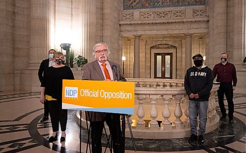 MIKE SUDOMA / WINNIPEG FREE PRESS 
NDP Labour Relations Critic, Tom Lindsey, speaks to media Friday about the delay of Bill 16 during a press conference held at the Manitoba Legislative Building Friday morning
March 19, 2021