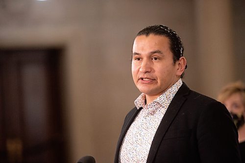 MIKE SUDOMA / WINNIPEG FREE PRESS 
NDP Leader, Was Kinew, talks with media about the NDPs effort to delay the Conservative Partys Bill 16 during a press conference at the Manitoba Legislative Building Friday.
March 19, 2021