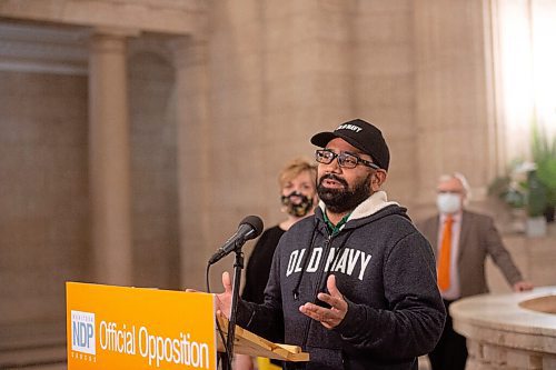 MIKE SUDOMA / WINNIPEG FREE PRESS 
Gurjinder Singh, a bus driver within the Winnipeg School Division, talks with media about how the the Conservative Partys proposed Bill 16 will effect his industry during a press conference at the Manitoba Legislative Building Friday.
March 19, 2021