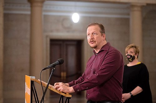 MIKE SUDOMA / WINNIPEG FREE PRESS 
Kevin Rebeck, President of Manitoba Federation of Labour, talks with media about how the the Conservative Partys proposed Bill 16 will effect industry during a press conference at the Manitoba Legislative Building Friday.
March 19, 2021