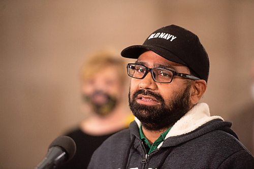 MIKE SUDOMA / WINNIPEG FREE PRESS 
Gurjinder Singh, a bus driver within the Winnipeg School Division, talks with media about how the the Conservative Partys proposed Bill 16 will effect his industry during a press conference at the Manitoba Legislative Building Friday.
March 19, 2021