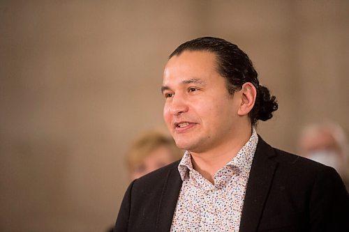 MIKE SUDOMA / WINNIPEG FREE PRESS 
NDP Leader, Was Kinew, talks with media about the NDPs effort to delay the Conservative Partys Bill 16 during a press conference at the Manitoba Legislative Building Friday.
March 19, 2021