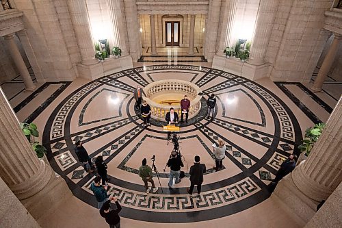 MIKE SUDOMA / WINNIPEG FREE PRESS 
NDP Leader, Was Kinew, talks with media about the NDPs effort to delay the Conservative Partys Bill 16 during a press conference at the Manitoba Legislative Building Friday.
March 19, 2021