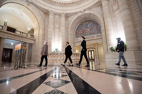 MIKE SUDOMA / WINNIPEG FREE PRESS 
Tom Lindsey, Lisa Naylor, Was Kinew, and Gurjinder Singh, walk up to the podium prior to a press conference at the Manitoba Legislative Building, regarding the NDP partys efforts to delay the Conservative Partys proposed Bill 16 Friday
March 19, 2021