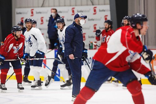 MIKE DEAL / WINNIPEG FREE PRESS
Manitoba Moose head coach Pascal Vincent during practice at BellMTS IcePlex Monday morning.
210322 - Monday, March 22, 2021.