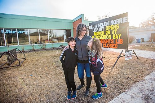 MIKAELA MACKENZIE / WINNIPEG FREE PRESS

Sara Robert and her kids, Elodie (nine) and Drew (seven), pose for a portrait at the closed River Heights Library in Winnipeg on Monday, March 22, 2021. For Jen Zoratti story.

Winnipeg Free Press 2021