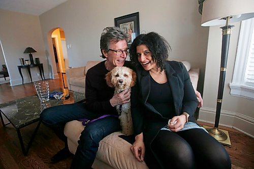 JOHN WOODS / WINNIPEG FREE PRESS
Jeff Neill, guitarist with Streetheart, and partner Renate Singh with their dog Eddie Van Howlin are photographed in Winnipeg Monday, March 22, 2021. Neill is turning 65 and celebrating 40 years with the Winnipeg rock band.

Reporter: sanderson