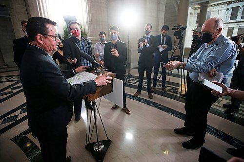 JOHN WOODS / WINNIPEG FREE PRESS
Manitoba Minister of Crown Services Jeff Wharton speaks to media after question period at the Manitoba Legislature in Winnipeg Wednesday, March 24, 2021. 

Reporter: ?