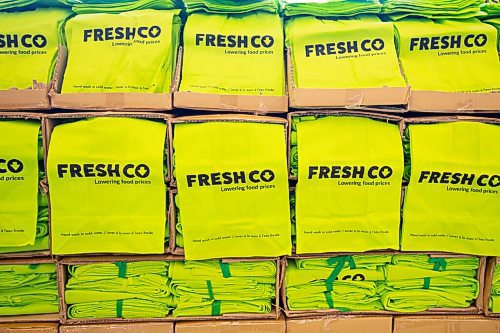 MIKE SUDOMA / WINNIPEG FREE PRESS 
A group of shopping bags with the Freshco branding sit on a shelf in the front of the new Freshco store which has its grand opening Friday
March 21, 2021