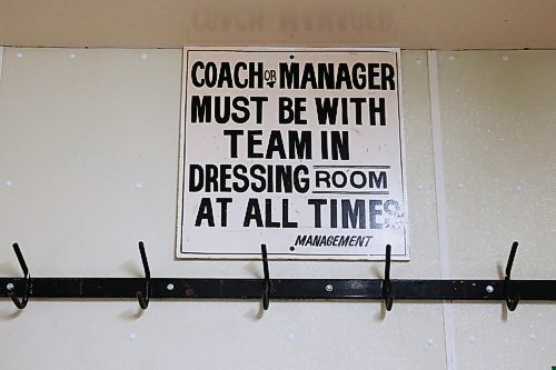 JOHN WOODS / WINNIPEG FREE PRESS
An old sign in the original Neepawa Natives dressing room at Yellowhead Centre arena in Neepawa Thursday, March 25, 2021. The Natives are planning a name change.

Reporter: Sawatzky