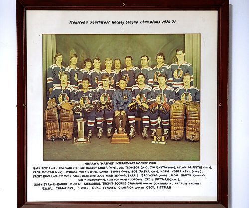 JOHN WOODS / WINNIPEG FREE PRESS
Memorabelia of the Neepawa Natives senior team at Yellowhead Centre arena in Neepawa Thursday, March 25, 2021. The Natives are planning a name change.

Reporter: Sawatzky