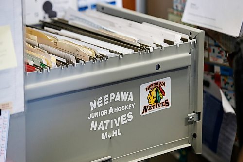 JOHN WOODS / WINNIPEG FREE PRESS
Neepawa Natives stickers on the office filing cabinets of Dave McIntosh, a business owner in Neepawa, Thursday, March 25, 2021. McIntosh was a driving force behind Neepawa Natives organization for years. The Natives organization are planning a name change.

Reporter: Sawatzky