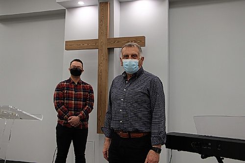 Canstar Community News Pastor Christian Loewen, left, and Pastor John Reimer stand in the new Oak Bluff Bible Church on March 23. (GABRIELLE PICHÉ/CANSTAR COMMUNITY NEWS/HEADLINER)