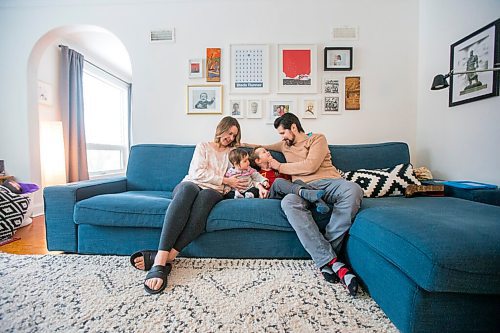 MIKAELA MACKENZIE / WINNIPEG FREE PRESS

Elizabeth Holl (left), Indira Beilfuss (nine months), Zeke Beilfuss (five), and Rodrigo Beilfuss pose for a portrait in their home in Winnipeg on Tuesday, March 30, 2021.  For Sarah story.

Winnipeg Free Press 2021