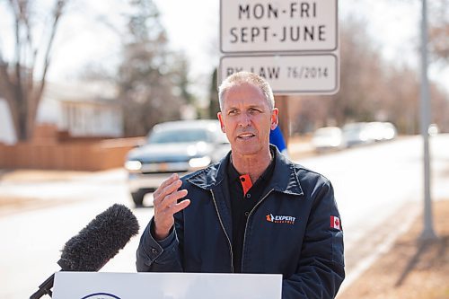 MIKE SUDOMA / WINNIPEG FREE PRESS 
Chuck Lewis, owner, of Expert Electric, talks to media Thursday after unveiling the first of many blinking amber traffic lights that will be added to make school zone speed limit signs more visible in high ticketed areas. 
April 1, 2021