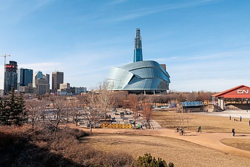 Daniel Crump / Winnipeg Free Press. The skatepark at the Forks, Canadian Museum of Human Rights and city skyline are bathed in sunshine as Winnipeg sees some warm spring weather Saturday afternoon. April 3, 2021.
