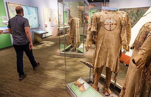 MIKE DEAL / WINNIPEG FREE PRESS
The Manitoba Museum opened a revitalized Prairies Gallery Wednesday morning. 
A men's shirt from the early 1800s with quill designs throughout.
210407 - Wednesday, April 07, 2021.