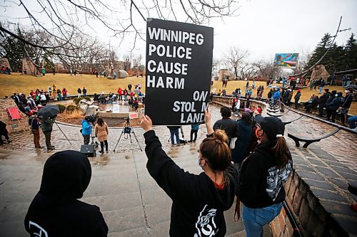 JOHN WOODS / WINNIPEG FREE PRESS
A sign is held at the one year anniversary of the police shooting and killing of Eishia Hudson at Odena Circle in Winnipeg Thursday, April 8, 2021. 

Reporter: Sellar