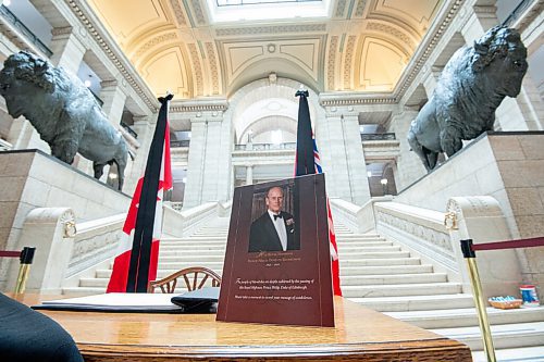 MIKE SUDOMA / WINNIPEG FREE PRESS  Lieutenant 
A book of condolences to honour the late Prince Philip sits in front of the staircase at the Manitoba Legislative Building Friday morning
April 9, 2021