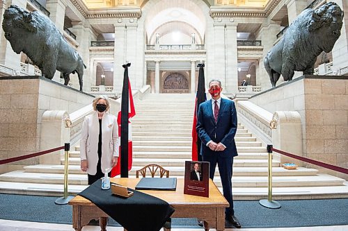 MIKE SUDOMA / WINNIPEG FREE PRESS  Lieutenant Governor of Manitoba, Janice Filmon, and Premier of Manitoba, Brian Pallister, pose for media after signing a book of condolences to honour the late Prince Philip, Duke of Edinburgh at the Manitoba Legislative Building Friday morning
April 9, 2021