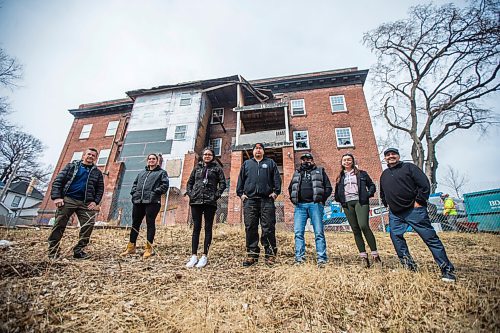 MIKAELA MACKENZIE / WINNIPEG FREE PRESS

Jason Whitford (left), Brandy Kowal, Paywapan Colomb, Henry McKay, Marty Boulanger, Raven Boulanger, and Doug Thomas from Shawenim Abinooji Inc. pose for a photo in front of Noble Court, a 107-year-old building which will be turned into an affordable housing development for youth and young adults who are connected to the Child Welfare System, on Alfred Street in Winnipeg on Friday, April 9, 2021. For Ben Waldman story.

Winnipeg Free Press 2021