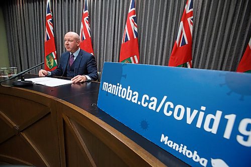 MIKE DEAL / WINNIPEG FREE PRESS
Dr. Brent Roussin, chief provincial public health officer, during the latest COVID-19 update at the Manitoba Legislative building Monday. 
210412 - Monday, April 12, 2021.