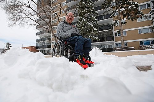 JOHN WOODS / WINNIPEG FREE PRESS
Peter Tonge is photographed outside his home in Winnipeg Wednesday, April 14, 2021. Tonge and other people who use wheelchairs find their freedom can be reduced because of the weather events like the recent snowfall. 

Reporter: Sellar