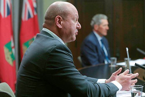 RUTH BONNEVILLE / WINNIPEG FREE PRESS 

local - Pallister - COVID

Premier Brian Pallister and Dr. Brent Roussin, chief provincial public health officer, announce  small, precautionary changes to health restrictions at press conference at the Legislative Building on Monday. 


April 19,  2021