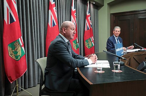 RUTH BONNEVILLE / WINNIPEG FREE PRESS 

local - Pallister - COVID

Premier Brian Pallister and Dr. Brent Roussin, chief provincial public health officer, announce  small, precautionary changes to health restrictions at press conference at the Legislative Building on Monday. 


April 19,  2021