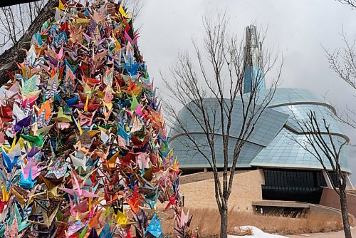 JESSE BOILY  / WINNIPEG FREE PRESS
A thousand origami cranes sit in a tree as a symbol of hope for the people of Myanmar outside the Human Rights Museum were placed there after the a prayer walk for the people of Myanmar on Tuesday. Tuesday, April 20, 2021.
Reporter: Standup