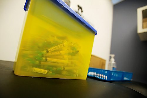 JOHN WOODS / WINNIPEG FREE PRESS
A box of used syringes at Exchange District Pharmacy, is photographed in the clinic in Winnipeg Tuesday, April 20, 2021. 

Reporter: Rollason