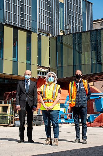 MIKE SUDOMA / WINNIPEG FREE PRESS  
(Left to right) President and CEO of Red River College, Fred Meier, Director of Capital Projects Maria Mendes, and Frank Koreman, Projects Manager for Akman Construction, stand in front of the site of Red River Colleges new Innovation Centre Thursday
April 22, 2021
