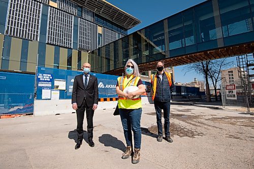 MIKE SUDOMA / WINNIPEG FREE PRESS  
(Left to right) President and CEO of Red River College, Fred Meier, Director of Capital Projects Maria Mendes, and Frank Koreman, Projects Manager for Akman Construction, stand in front of the site of Red River Colleges new Innovation Centre Thursday
April 22, 2021