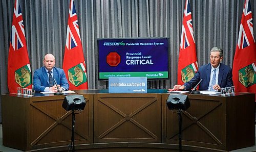 MIKE DEAL / WINNIPEG FREE PRESS
Premier Brian Pallister and Dr. Brent Roussin, chief provincial public health officer, announce further restrictions during a press conference at the Manitoba Legislative building Monday afternoon.
210426 - Monday, April 26, 2021.