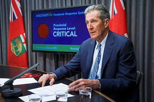 MIKE DEAL / WINNIPEG FREE PRESS
Premier Brian Pallister and Dr. Brent Roussin, chief provincial public health officer, announce further restrictions during a press conference at the Manitoba Legislative building Monday afternoon.
210426 - Monday, April 26, 2021.