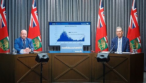 MIKE DEAL / WINNIPEG FREE PRESS
Premier Brian Pallister and Dr. Brent Roussin, chief provincial public health officer, announce further restrictions during a press conference at the Manitoba Legislative building Monday afternoon.
210426 - Monday, April 26, 2021.