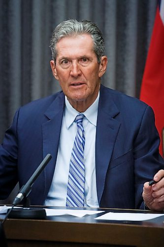 MIKE DEAL / WINNIPEG FREE PRESS
Premier Brian Pallister and Dr. Brent Roussin, chief provincial public health officer, announce further restrictions during a press conference at the Manitoba Legislative building Monday afternoon.
210426 - Monday, April 26, 2021.